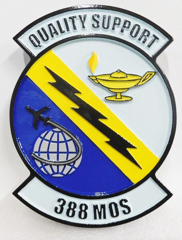 LP-7166 - Carved Shield Plaque of the Crest of the Air Force 388 MOS, " Quality Support",  Artist Painted