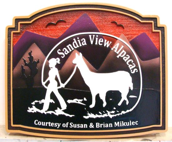O24402 - Carved 2.5-D HDU Alpaca Ranch Sign,"Sandia View Alpacas" 
