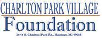Charlton Park Village Foundation Logo with blue outline of the village with blue and orange text. 