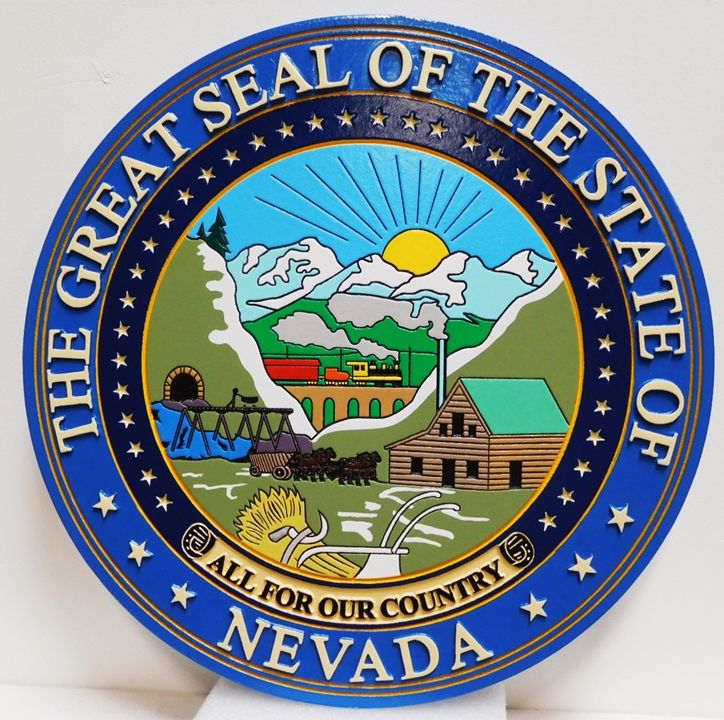 BP-1325 - Carved Plaque of the Great Seal of the State of Nevada, Engraved 2.5-D Artist-Painted