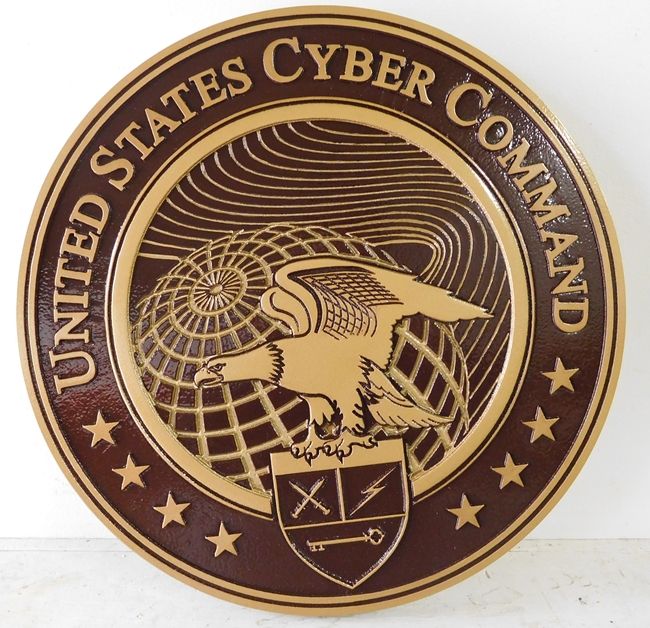 V31134 -  Carved 3-D HDU US Cyber Command Wall Plaque, painted in Bronze shades