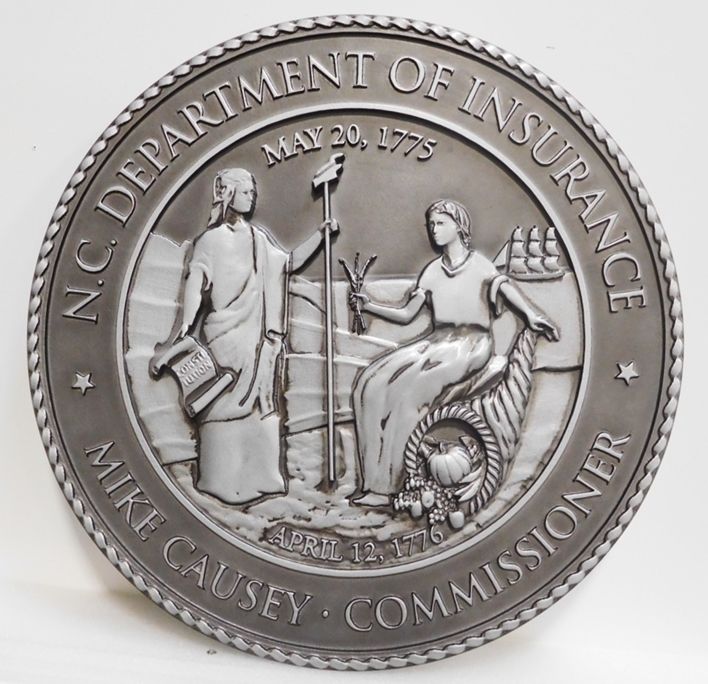 BP-1405 - Carved Plaque of the Great Seal of the State of North Carolina, 3-D, Metallic Silver Paint