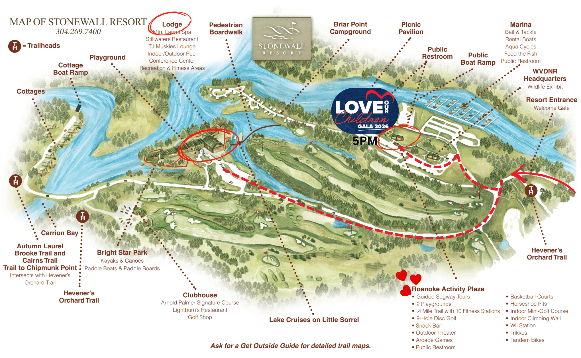 Map of Stonewall Resort with Lodge and Roanoke Event Center circled for WV CASA Gala on Sat Feb 7 starting 5pm EST