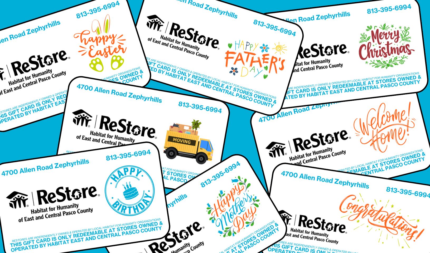 Habitat ReStore Zephyrhills gift cards with holiday and occasion designs including Happy Birthday, Merry Christmas, Congratulations, and Welcome Home – valid only at the East and Central Pasco County ReStore