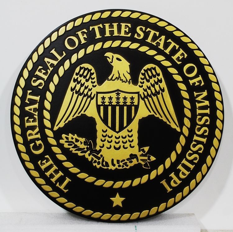 BP-1282- Carved 2.5-D Relief HDU Plaque of the Great Seal of the State of Mississippi, Painted in  Metallic Gold and Black 