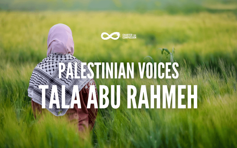 Back of a Palestinian woman looking into the horizon in a prairie