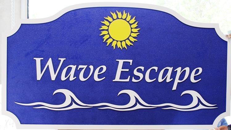 L21183 - Carved 2.5-D Multi-level Relief HDU Beach House Name  Sign "Wave Escape", with Waves and Sun as Artwork