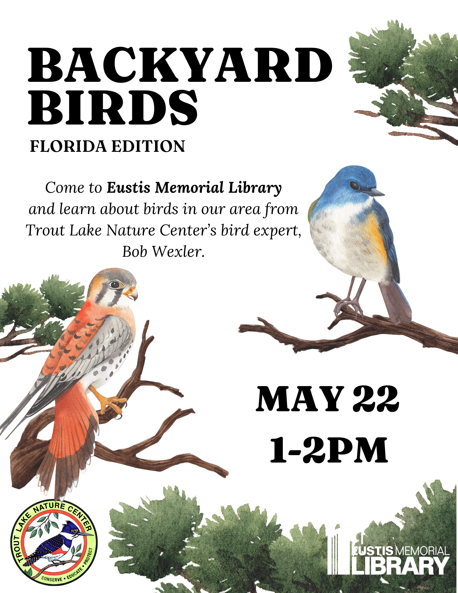 Event flyer with two birds sitting on branches.