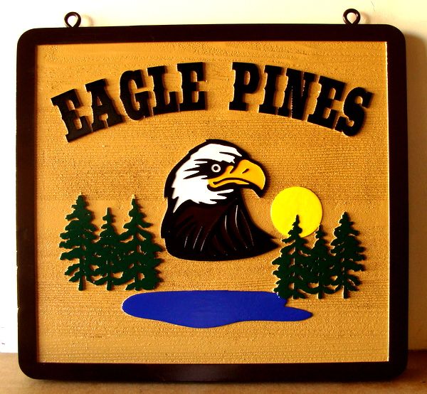 M22738 - Carved and Sandblasted HDU Cabin Sign. "Eagle Pines", with  Bald Eagle, Pines and Lake