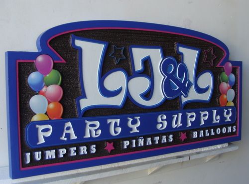 M5026 - Carved HDU Party Supply Store Sign with Balloons, "L, J and L"