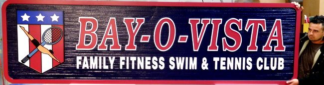 GB16110 - Carved, Wood Grain Pattern, HDU Sign For a Family Fitness Swim and Tennis Club