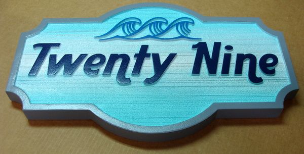 L21174  – Carved 2.5-D HDU Beach House Address Sign (“29”), with Stylized Surf