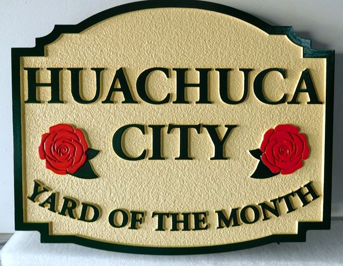 KA20929 - "Huachuca City" HOA Yard-of-the-Month Sign, with Two Rose Blossom Flowers