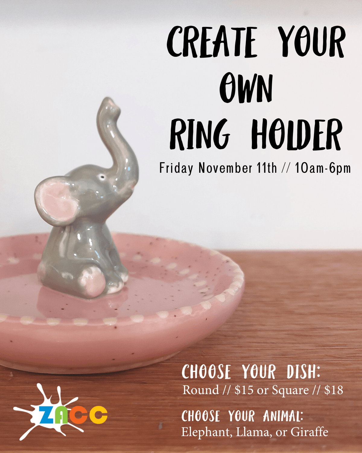 This image showcases an employee example of a custom created paint your own pottery ring holder. The ring holder is a small round ceramic plate, painted pink with white dots along the rim. An elephant sits in the center of the plate, trunk raised, ready t