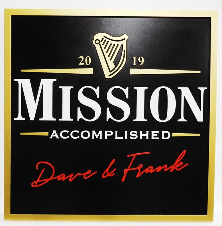 RB27662 - Carved  "Mission Accomplished" Pub Sign  with Irish Harp as Artwork,  2.5-D Engraved Artist-Painted
