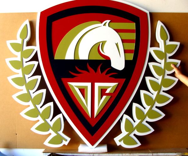 P25057 - Large Elegant Carved Equestrian Sign For Horse Show or Racing Track, with Stylized Horse Head, Shield and Laurel Leaves