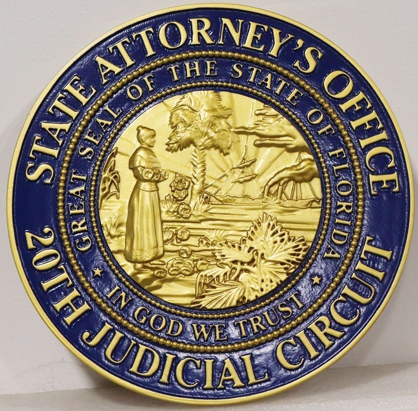 GP-1500 - Carved 3-D Bas-Relief Plaque of the Seal of the State Attorney's Office, 20th Judicial Circuit. State of Florida