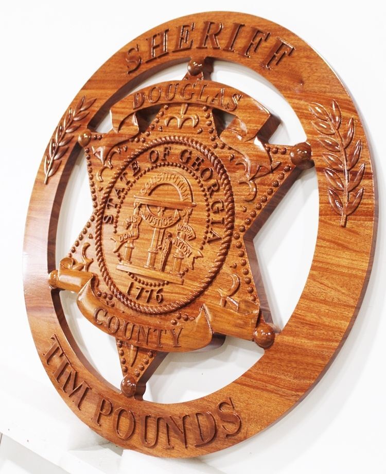 PP-1852 - Carved 3-D Bas-Relief Mahogany Wall Plaque of the Badge of  the Sheriff of  Douglas County (side view)