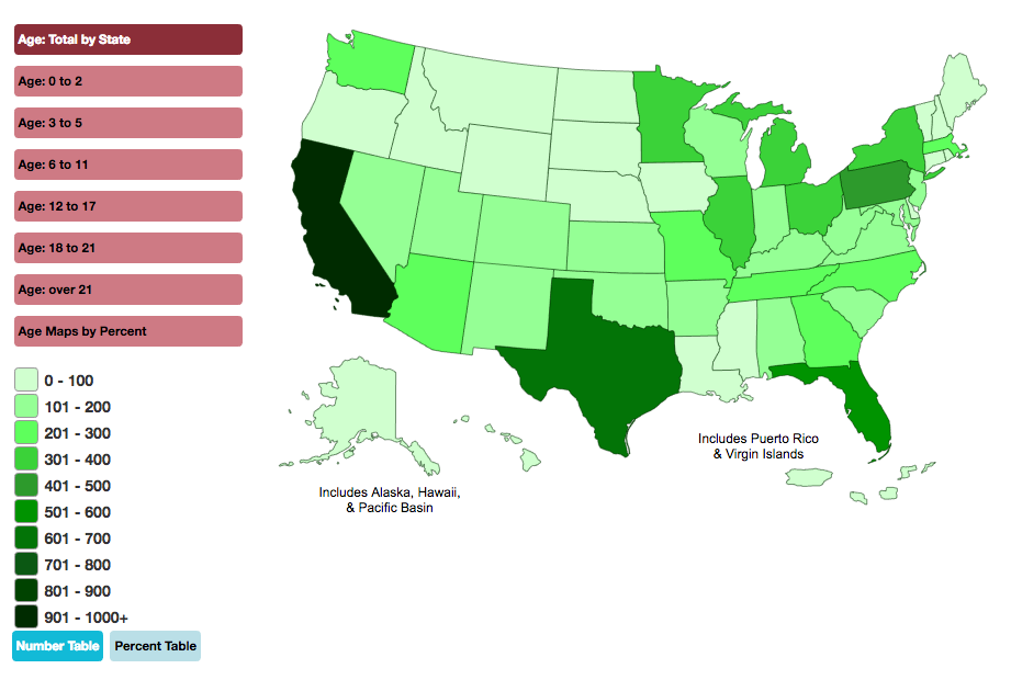 NCDB Child Count Interactive Map: showing range of deafblind children and ages across the United States