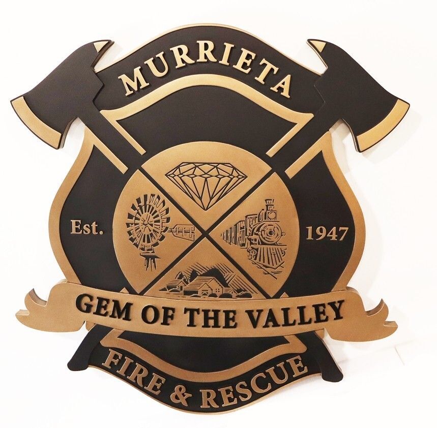 QP-1152 - Carved 2.5-D Plaque of the Badge of the Murrieta Fire and Rescue Department. Painted Light Bronze and Black