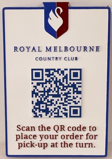 E14210A - Carved HDU Sign for "Royal Melbourne Country Club" with Logo and QR Code