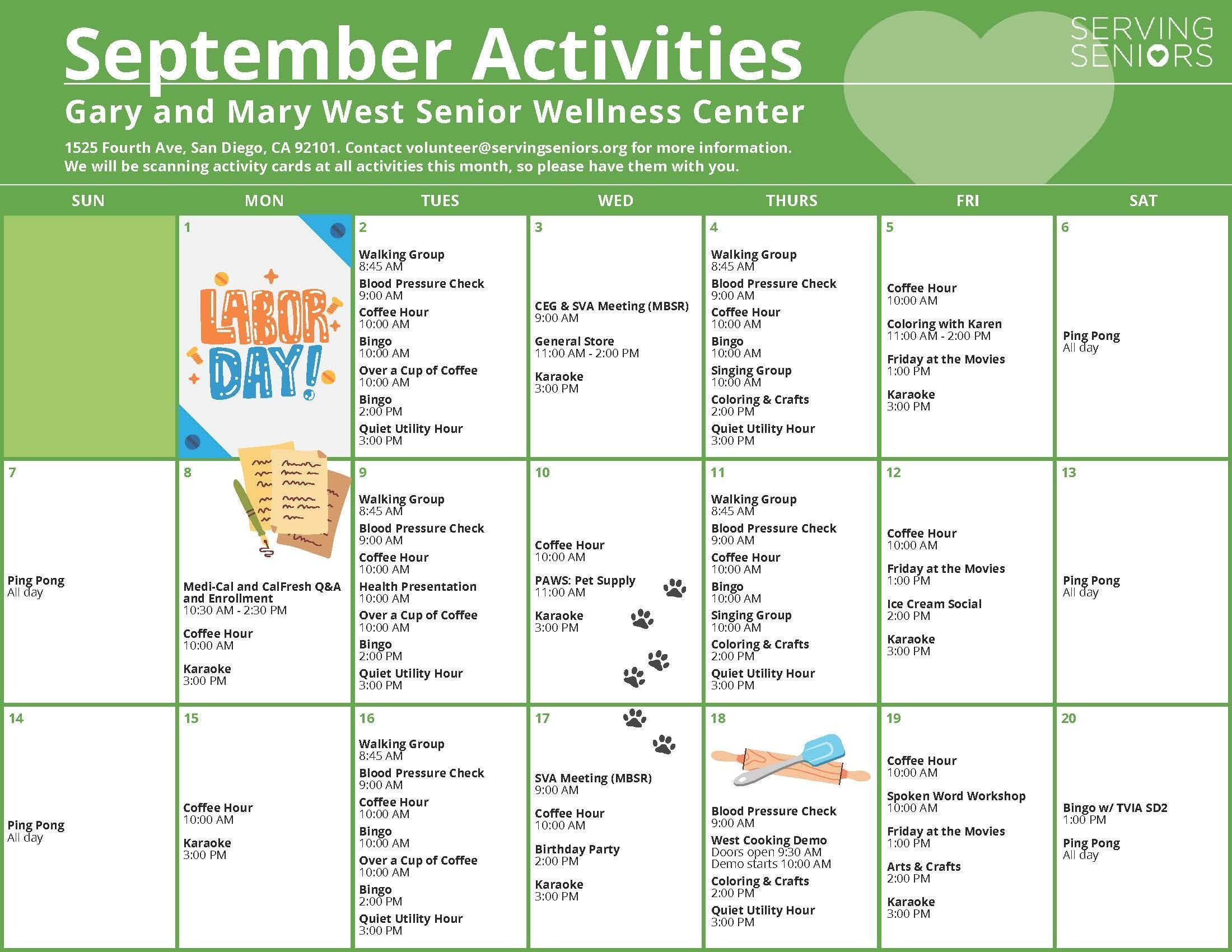 Click to download the Gary and Mary West Senior Wellness Center September Activities Calendar