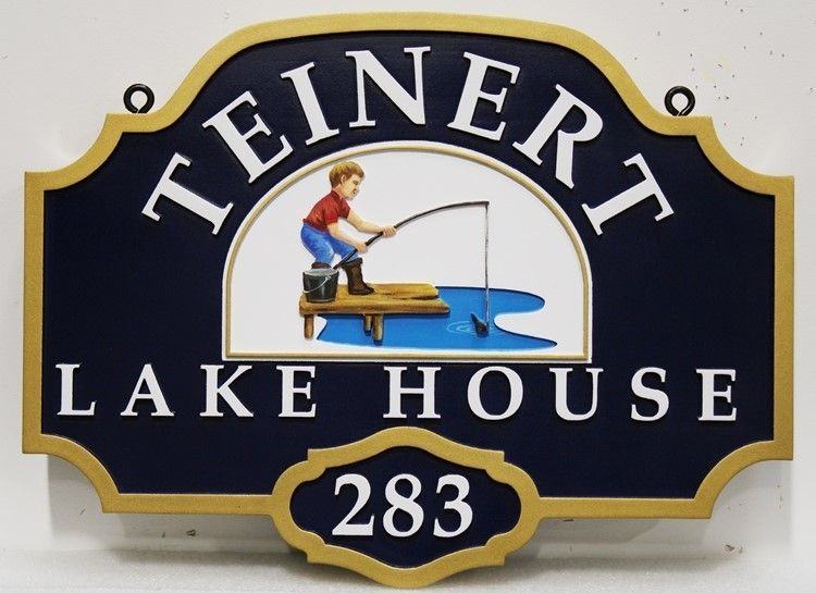 M22445 - Carved  2.5-D Multi-level  HDU Lake House  Name  Sign "Teinert", featuring a boy Fishing on a Dock as Artwork. 