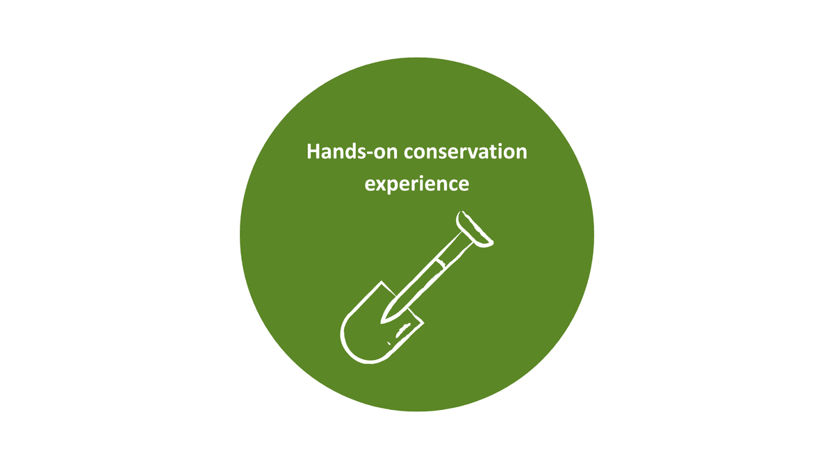 A shovel with the text: Hands-on experience with conservation projects