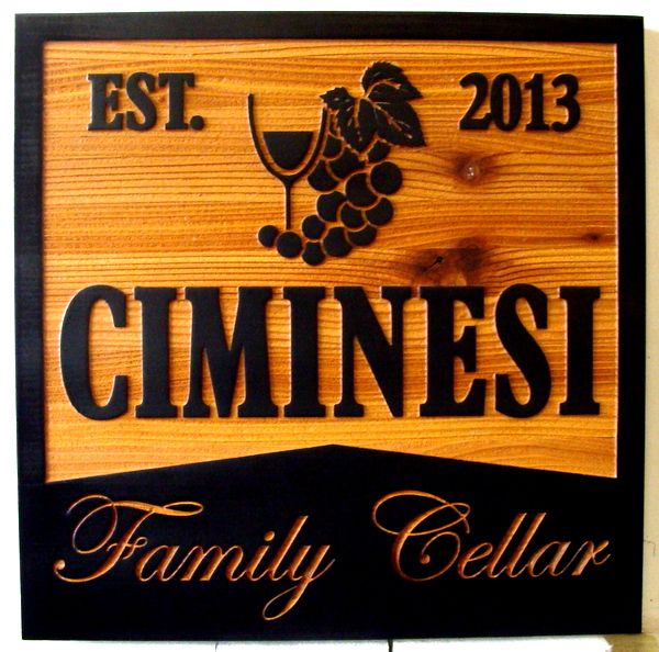 R27036 - Carved and Sandblasted Cedar Wall Plaque for Family Wine Cellar, "EST. 2013" with Wine Glass and Grape Cluster