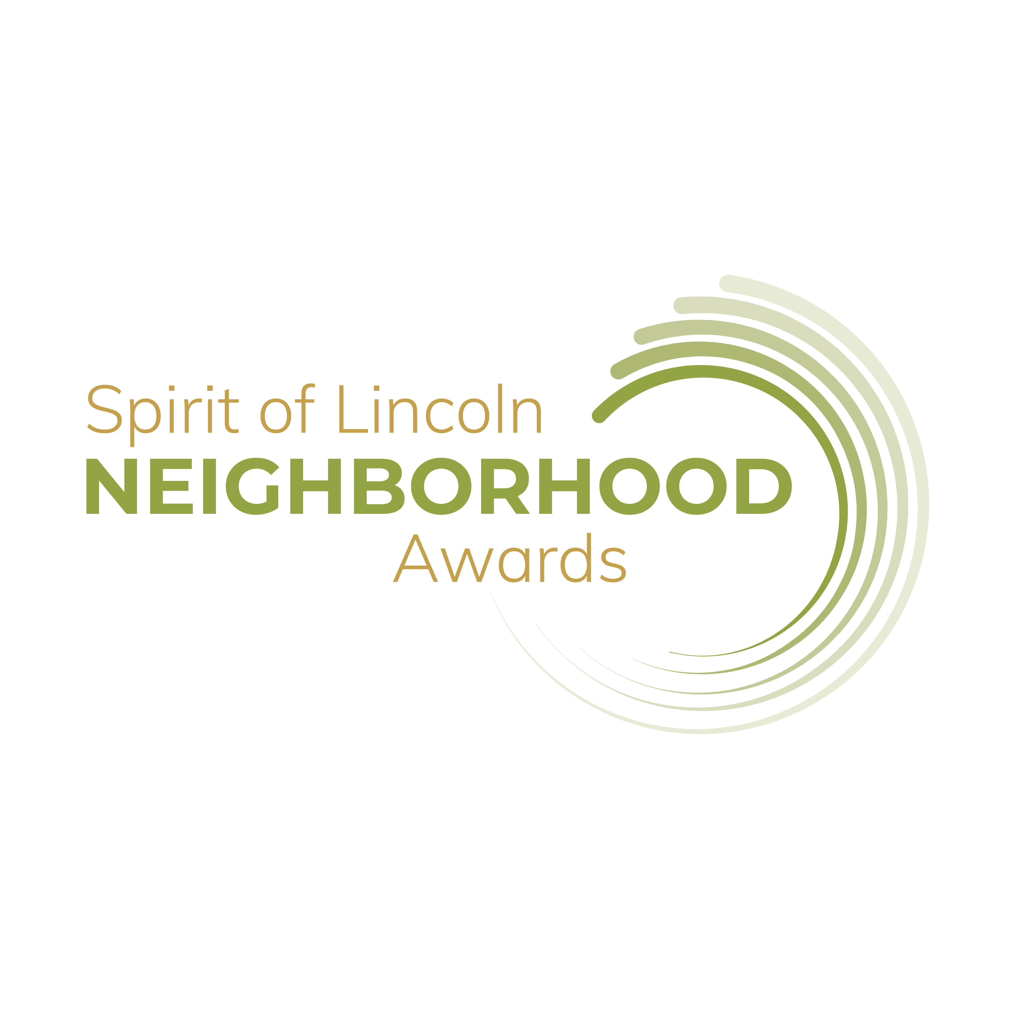 The image is the logo for the Spirit of Lincoln Neighborhood Awards. It has six half circles radiating out of it in gradients of green. 