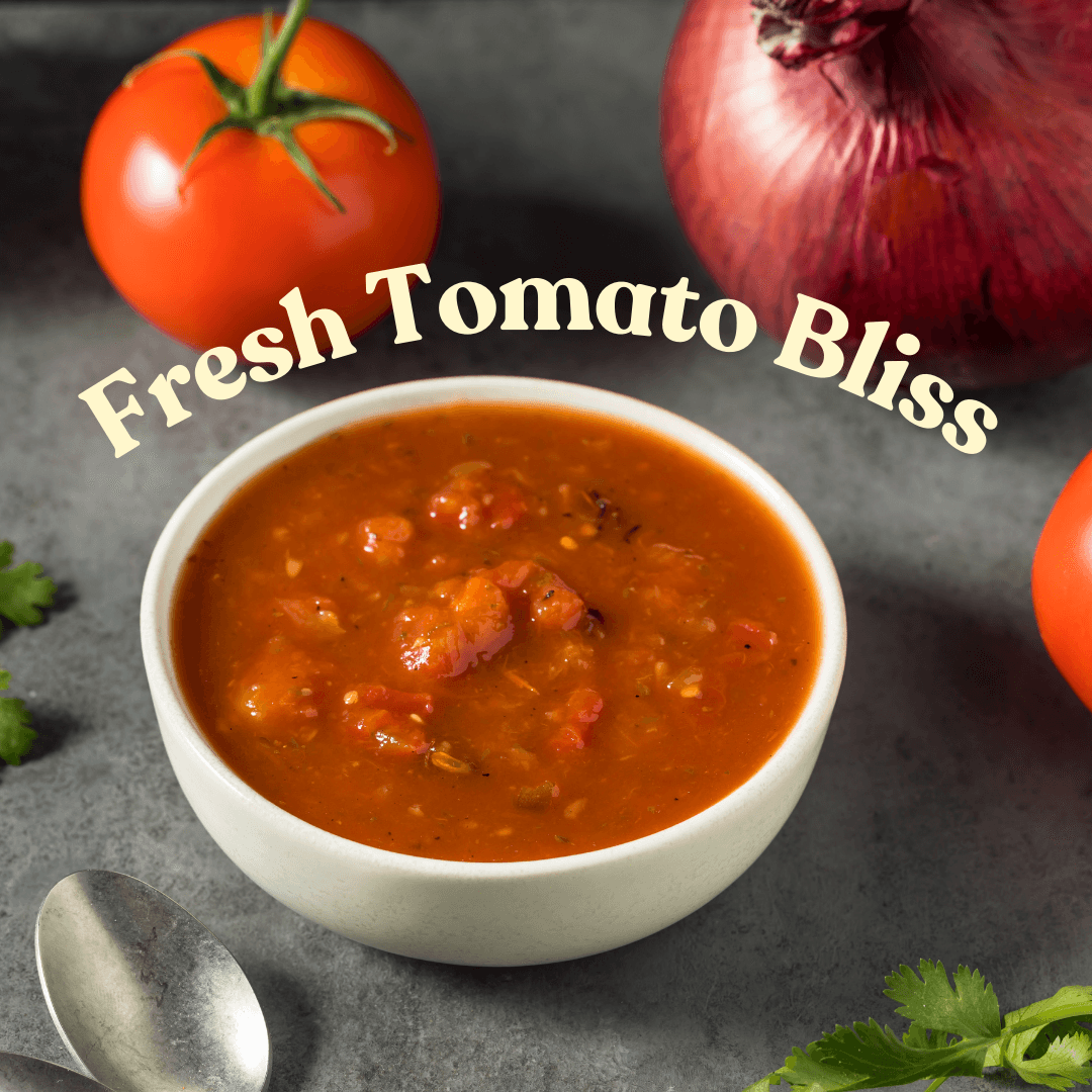 Bowl of salsa with tomatos and onion in the background.