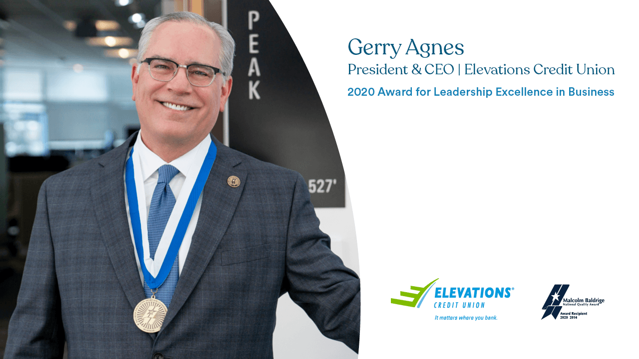 Gerry Agnes wearing  Baldrige Foundation Leadership Award medal, 2020