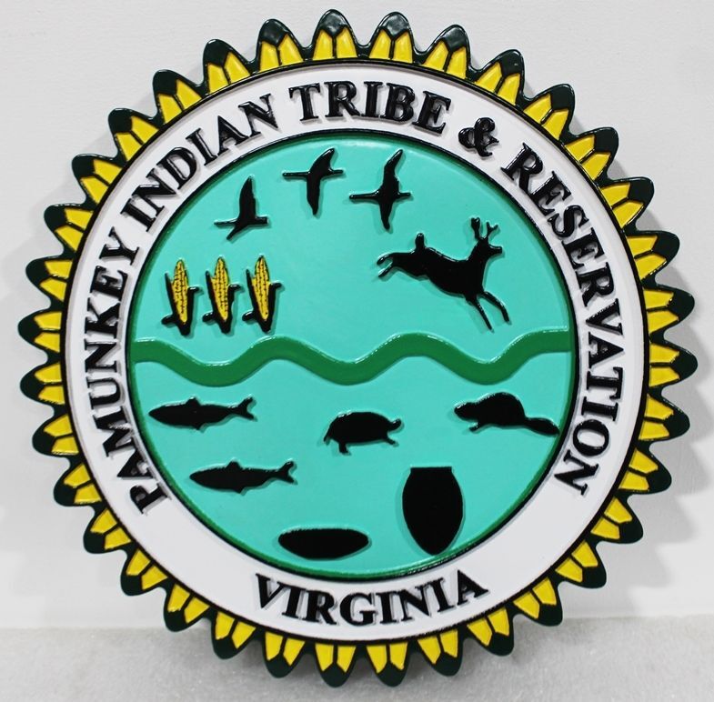 ZP-1140 -  Carved 2.5-D Multi-Level HDU Plaque of the Great Seal of the Seal of the  Pamunkey Indian Tribe & Reservation, Virginia