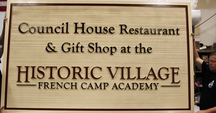 Q25013A - Carved 2.5-D and Sandblasred Wood Grain Sign for the Council House Restaurant at the French Camp Academy 