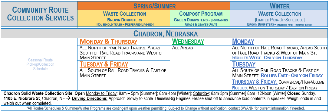 Chadron NE Route Collection Schedule Listing