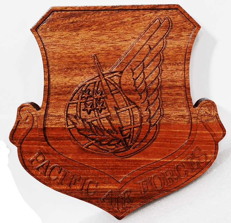 LP-1592 - Carved Mahogany Plaque of Shield Crest of the Pacific Air Force  