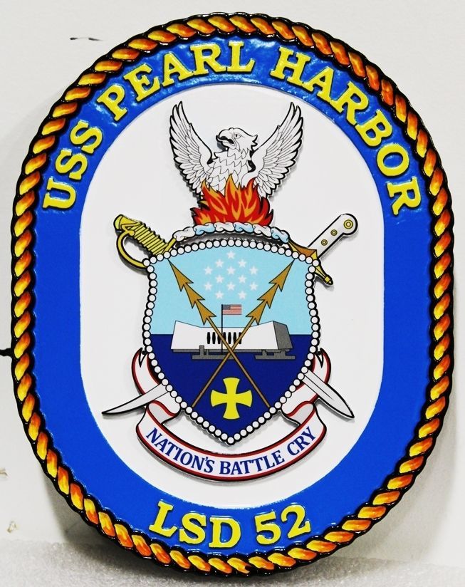 JP-1290 - Carved 2.5-D Plaque of the Navy Ship Crest of the USS Pearl Harbor, LSD 32, Landing Ship Dock