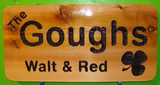 I18939 - Natural Cedar Sign with Residence Owner's Name and Shamrock engraved by Reverse Sandblasting