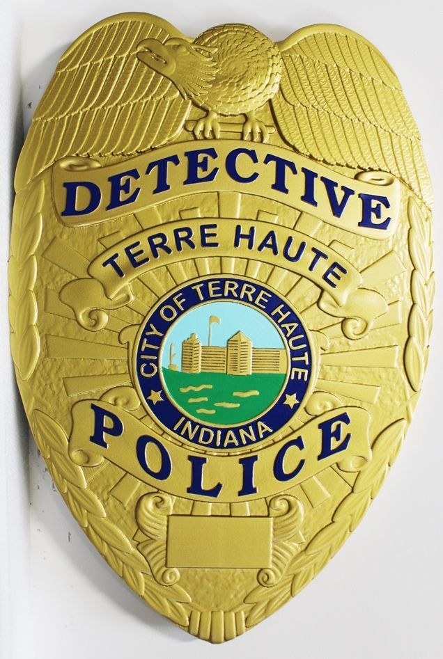 PP-1501 -  Carved 3-D Bas-Relief HDU Plaque of the Badge of a Detective of the Terre Haute Police Department