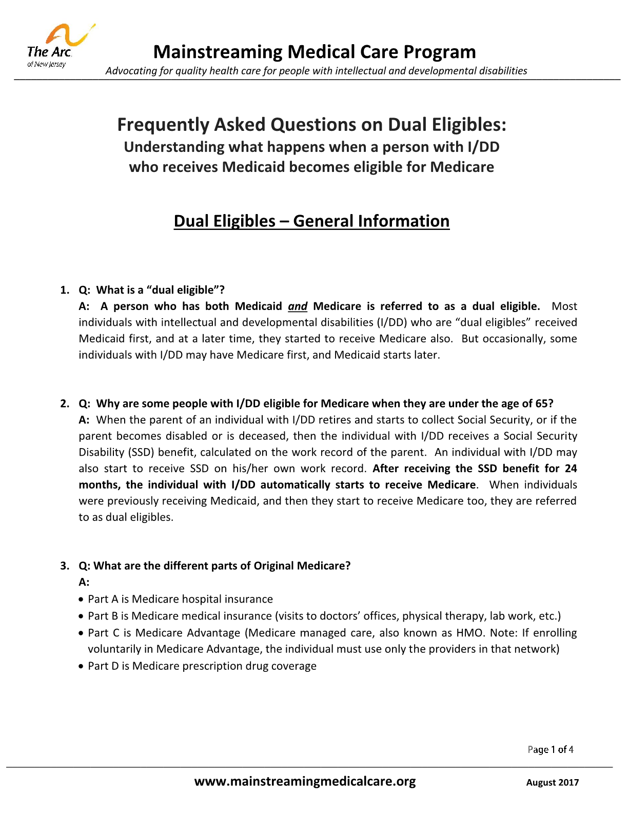 FAQ on Dual Eligibles: Understanding what happens when a person with IDD who receives Medicaid becomes eligible for Medicare - General Information