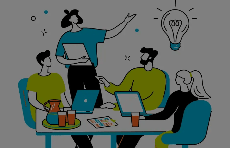 “Illustration of a diverse group in a collaborative board meeting, discussing ideas with laptops, papers, and a lightbulb symbolizing innovation.