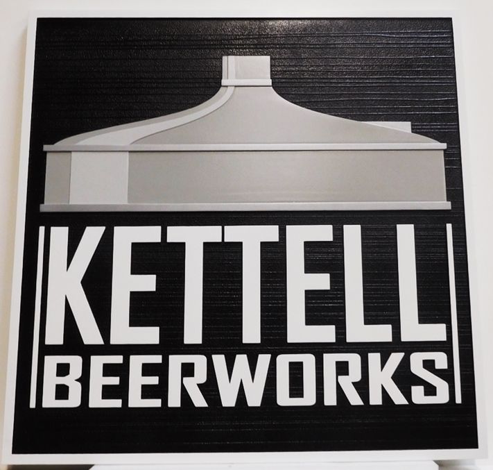 RB27702 -  Carved "Kettell Beerworks"  Sign, with Kettle as Artwork, 2.5-D Artist-Painted
