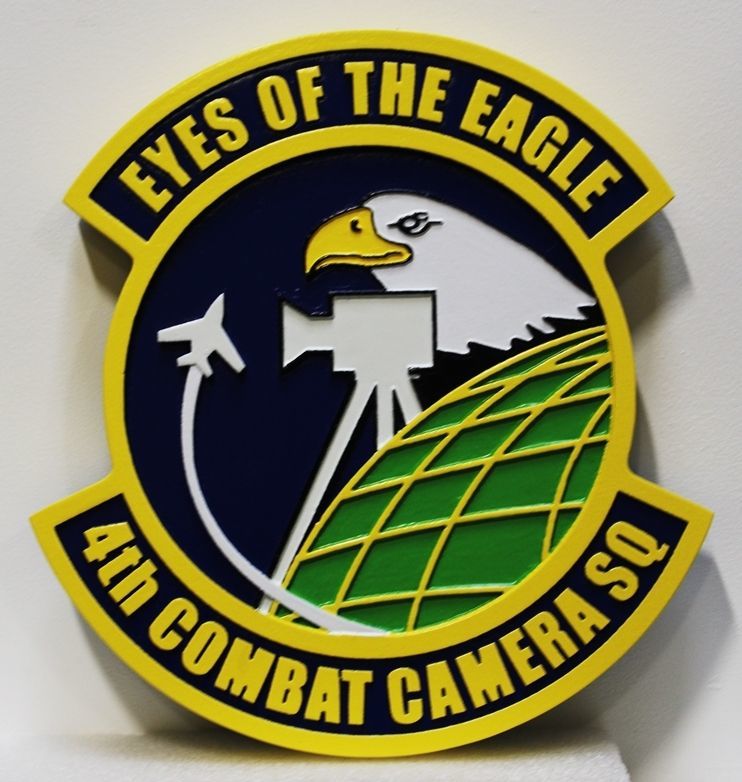 LP-4727 - Carved 2.5-D Multi-Level Raised Relief HDU Plaque of the Crest of the 4th Combat Camera Squadron, "Eyes of the Eagle"  