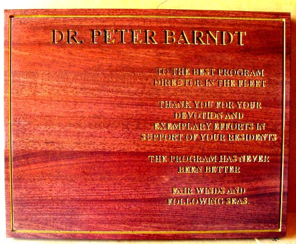 JP-2740 - Engraved Dedication  Plaque  for Navy Program Manager, Painted Metallic Gold Text on Mahogany Wood 