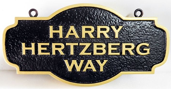 H17068 -  Carved  HDU) Hanging Street name Sign, Harry Hertzberg Way,