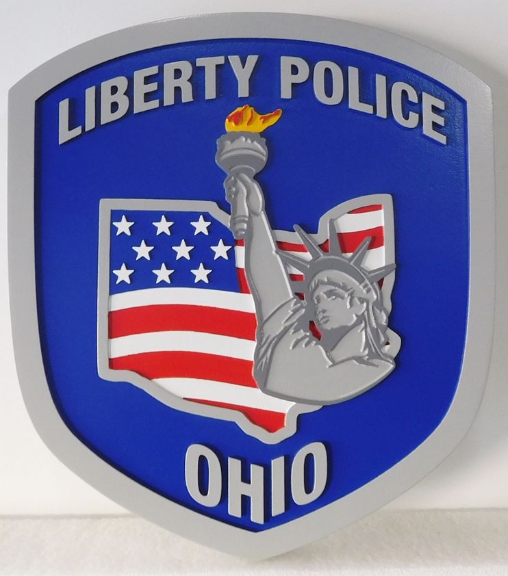 PP-2200 - Carved  Wall Plaque of the Shoulder Patch of the Liberty Police,  Ohio,  2.5-D Artist Painted