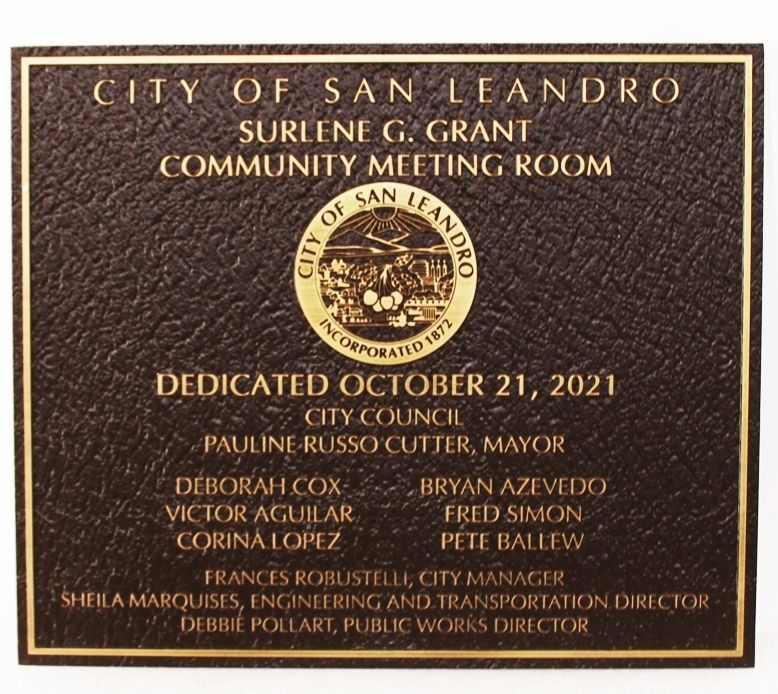 ZP-2098 -  Dedication Plaque for the  Community Meeting Room of the City of San Leandro, California