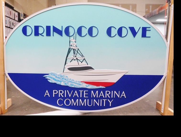 L21459 - Carved Entrance Sign for Oceanside Condominium "Orinoco Cove", Featuring a Sport Fisherman Boat at Speed