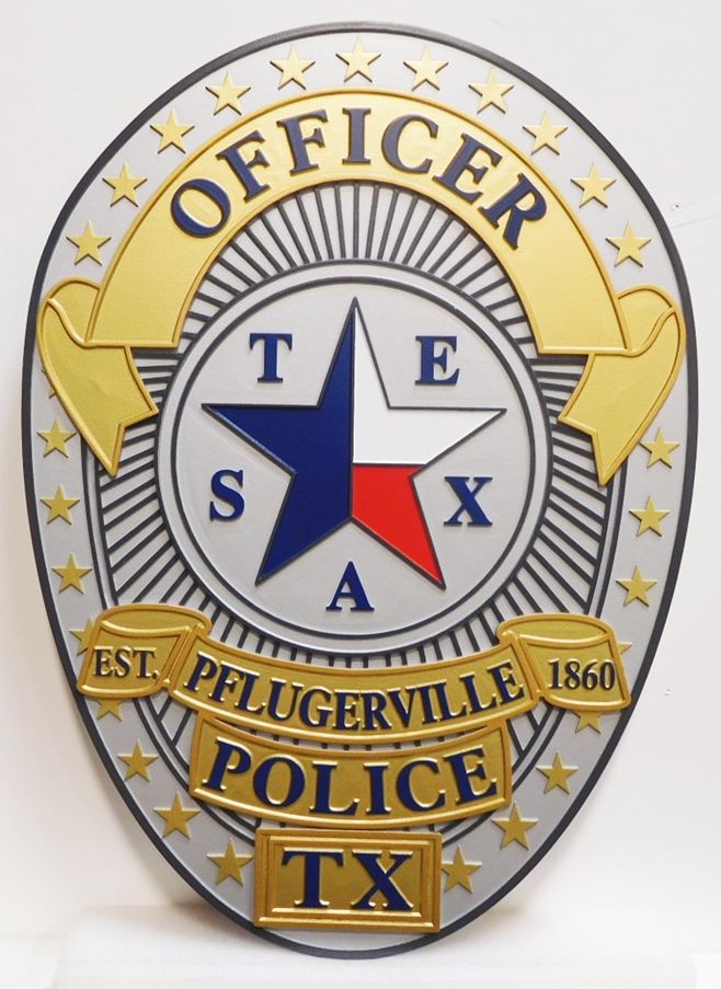 PP-1330 - Carved Plaque of the Badge of the Pflugerville Police, Texas, Artist-Painted