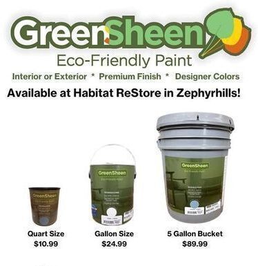 Cans of Green Sheen recycled interior and exterior paint available at Habitat ReStore Zephyrhills – eco-friendly, affordable, and high-quality finish